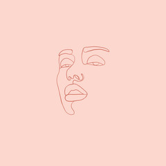 Continuous line, drawing of beauty woman face, fashion concept, woman beauty minimalist, vector illustration print on beige background. One line fashion illustration