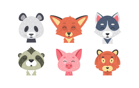 Cute animal faces vector set. Hand drawn animals characters. Fox, panda, tiger, pig, wolf, sloth. Mammal kids.