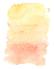 Abstract watercolor hand drawn background. Yellow and pink splash on isilated white background.