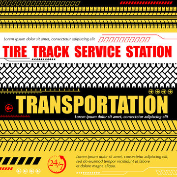 Three color transportation service background with tire tracks