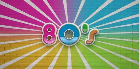 80s Party on sunburst wall banner. 3D Render Illustration