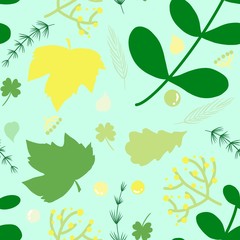 Seamless hand draw of leaves pattern in green tone on white background.