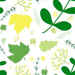 Seamless hand draw of leaves pattern in green tone on white background.