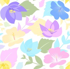 Seamless flower pattern with pastel colors on white background.