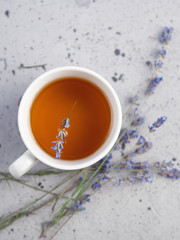 Tea with lavender on grey table