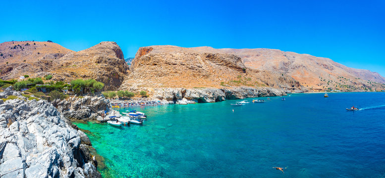Marmara beach at the end of Aradena gorge and coastline alongside e4 trail at south-west coast of Crete island, Greece
