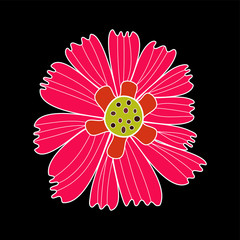 Design element flower pink bloom with yellow target white contour on black background
