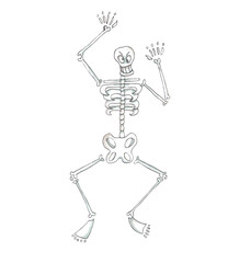 Halloween hand drawn illustration. Funny skeleton dancing! Isolated on white background. Holiday watercolor element for card, invitations and holiday design.