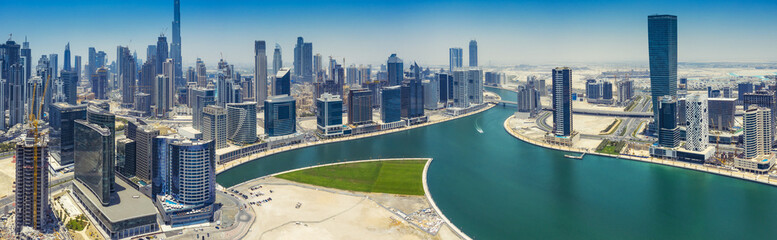 Aerial panorama view on downtown Dubai, UAE, on a summer day.