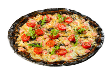 Italian pizza with black dough and seafood on a baking tray from the oven