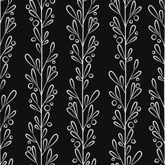 Floral seamless pattern with vertical branches and leaves. Black and white vector illustration. Simple abstract design for fabric, wallpaper, textile, web design.
