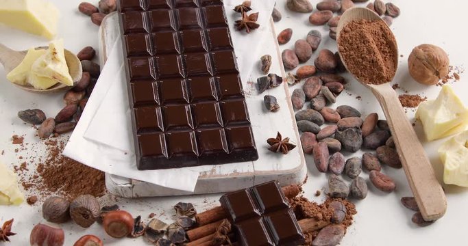 Cacao beans, powder, butter and chocolate bar