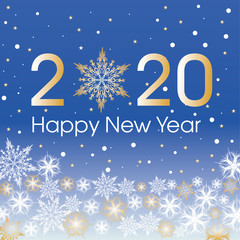 Fototapeta na wymiar 2020 Happy New Year card template. Design patern snowflakes white, gold and blue color.