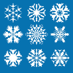 Snowflake vector icon background set blue color. Winter white christmas snow flake crystal element. Weather illustration ice collection. Xmas frost flat isolated silhouette symbol