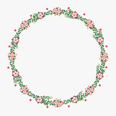 Floral greeting card and invitation template for wedding or birthday anniversary, Vector circle shape of text box label and frame, Azalea flowers wreath ivy style with branch and leaves.