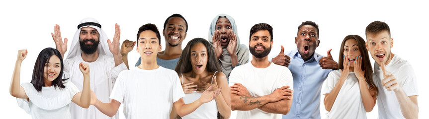 Collage of happy caucasian, asian and african-american people looks happy. Male and female models on white studio background. Victory, delight concept. Human facial emotions. Winning, windering, crazy