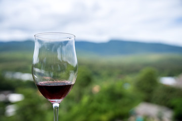 Red wine glass and nature background