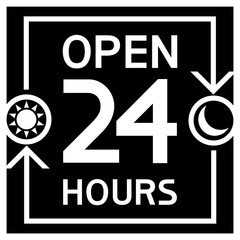 Open 24 hours.Icon. Text information poster - flat, black and white image.