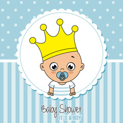 Baby boy with pacifier and crown. baby  shower card. 