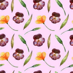 Watercolor wildflowers. Gentle seamless pattern with pansies, scissors and spikelets on a pink