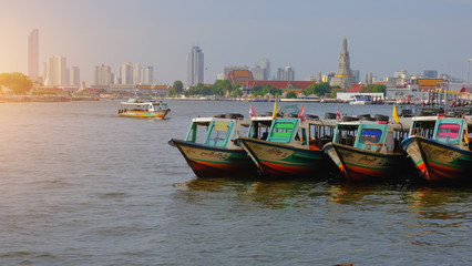 Colorful Passenger Boats at Chao Phraya River, bangkok thailand.