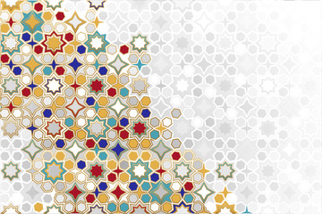 Arabic ornamental Background in color. Islamic ornamental colorful detail of mosaic. arabic, east, indian ornament, persian motif, 3D. simple geometric.Ramadan Kareem gold greeting card, banner.