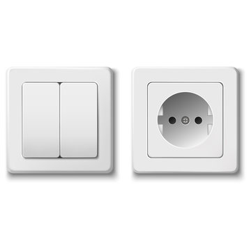 Realistic light switch and socket on white background