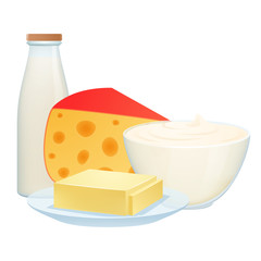 Dairy products: milk, cheese, sour cream, butter