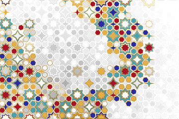 Arabic ornamental Background in color. Islamic ornamental colorful detail of mosaic. arabic, east, indian ornament, persian motif, 3D. simple geometric.Ramadan Kareem gold greeting card, banner.