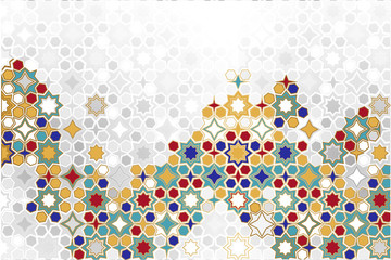 Arabic ornamental Background in color. Islamic ornamental colorful detail of mosaic. arabic, east, indian ornament, persian motif, 3D. simple geometric.Ramadan Kareem gold greeting card, banner.