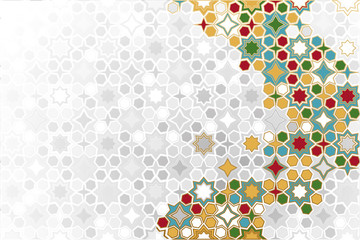 Arabic ornamental Background in color. Islamic ornamental colorful detail of mosaic. arabic, east, indian ornament, persian motif, 3D. simple geometric.Ramadan Kareem gold greeting card, banner.