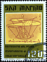 Flying machine invented by Leonardo on postage stamp
