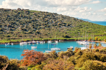 Fototapeta premium Yachts and boats anchored over the calm turquoise sea at gumsuluk bay in Bodrum, Mugla, Turkey.