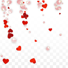 Vector Realistic Petals and Hearts Confetti. Flying Rose and Hearts on Transparent Background. Mother Day Background. Spring Romance Poster. Illustration in Pink for Proposal Design.