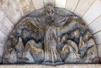 Protective mantle Madonna, statue on the portal of Church of the Assumption of the Virgin in Pag, Croatia