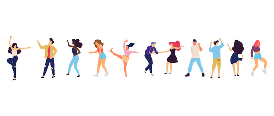 Crowd of young people dancing at club. Big set of characters having fun at party. Flat colorful vector illustration.