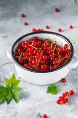 Ripe red currant berries in a bowl close up. Fresh ripe red currant on light grey background