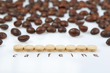 Tablets laid out in a horizontal row on a white surface with the inscription CAFFEINE on the background of coffee beans.