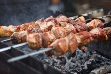 Close up selective focus fresh hot delicious bbq kebab grilling on open grill, food festival, outdoor kitchen, roasting on skewers, summer picnic, food-court