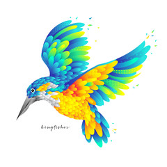 Flying colorful kingfisher isolated vector illustration with golden feathers and wings