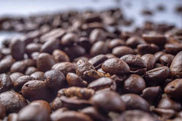 Coffee Beans Background. Close Up fresh roasted brown