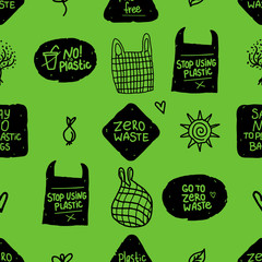 Seamless pattern with eco sign. Vector inscription zero waste, hand drawn mesh bag. Green background