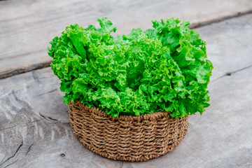 Naklejka premium Close up of green leaves of kale in a wicker basket on a wooden background