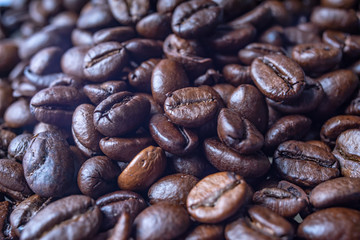 Coffee Beans Background. Close Up fresh roasted brown