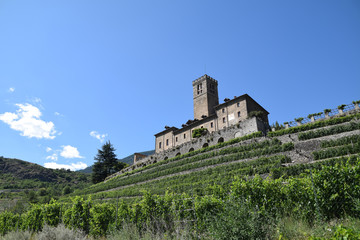 Fototapeta na wymiar The evocative castle of Sarre and its estate estate cultivated with vineyards - Italy