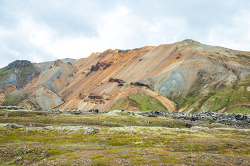 Fototapeta na wymiar Landmannalaugar beautiful scenic nature landscape. Various volcanic minerals and lava formations. Colorful mountains in Iceland