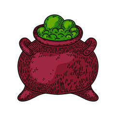 Halloween witch cauldron isolated on white background. Old vintage style hand drawing engraved. Design element.