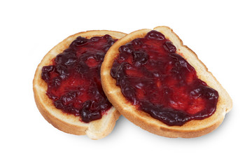 Two slices of toast with raspberry jam jelly isolated on white with clipping path