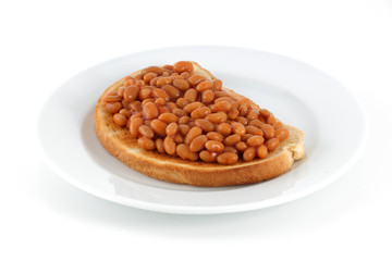 A plate of beans on toast isolated on white