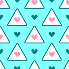 Romantic seamless pattern with hearts and triangles. Cute girly print. Simple vector illustration.